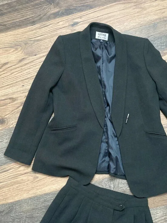 Kasper Dark Green Striped Blazer Pants Lined Polyester Suit Size 8P Women’s - Picture 2 of 11